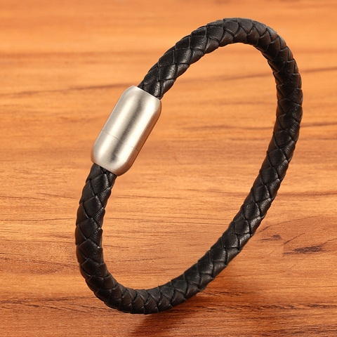 Fashion Simple Style Stainless Steel Men's Leather Bracelet Multi-color Black Leather Bangle For Boys Handsome Birthday Gift ► Photo 1/6
