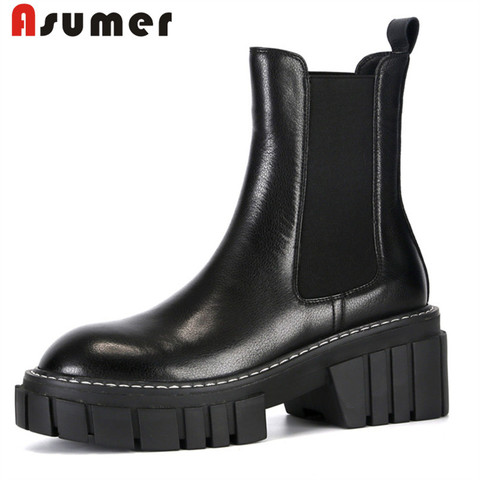 Asumer 2022 Full genuine leather boots women slip on Chelsea boots platform shoes fashion autumn ankle boots for women shoes ► Photo 1/6