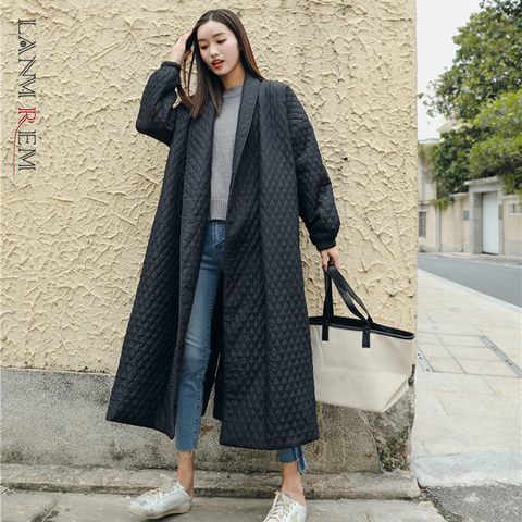 LANMREM New Street Thin Style Black Oversize Lapel Back Vent Button 2022 Female's Long Cotton Coat Jaqueta Feminina WTH1201 ► Photo 1/6