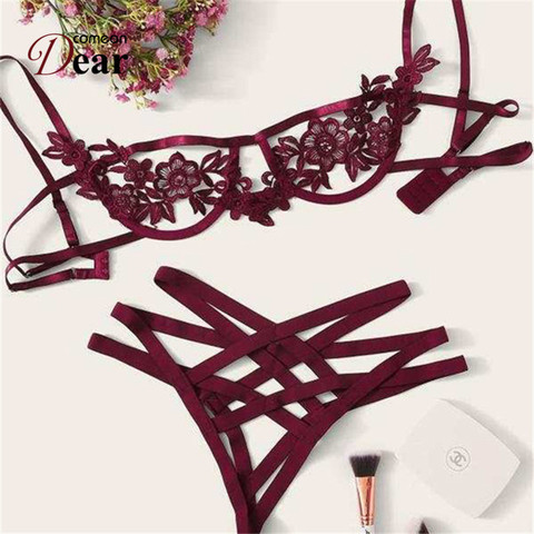 Comeondear Lace Bra Set Straps Women Hollow Out Sexy Costumes XL Black Lingerie Set Transparent bra + Panty Open Crotch RB80854 ► Photo 1/6