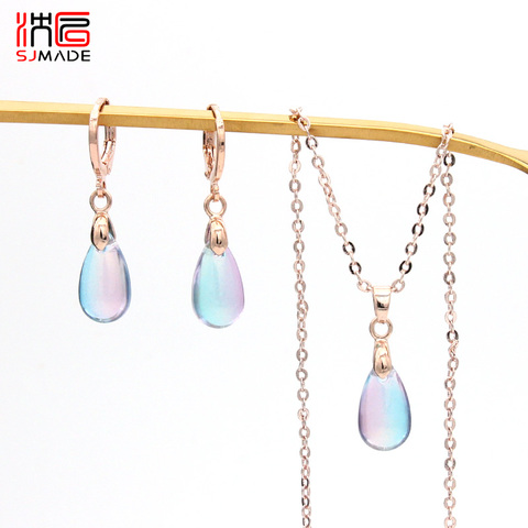 SJMADE Japanese South Korean Colorful Glass Water Drop Dangle Earrings Pendant necklace Jewelry Sets For Women Party Jewelry ► Photo 1/6