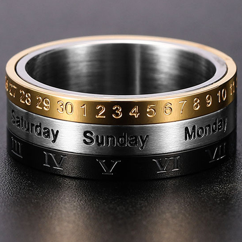 Men's Roman Numerals Date Calendar Time Ring For Rotatable Week Finger Gold Fashion Punk Biker Wedding Stainless Steel Rings ► Photo 1/6