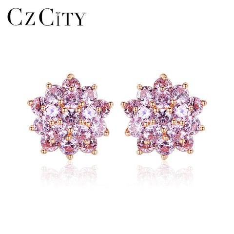 CZCITY Real 925 Sterling Silver Flower Cluster Stud Flower Earrings for Women Fine Jewelry Pink CZ Brincos Bijoux Christmas Gift ► Photo 1/6