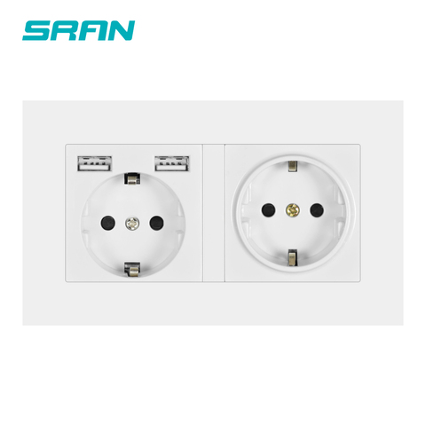 SRAN EU 2gang power socket,16A electrical plug grounded Hide LED indicator ,socket with usb, 146mm*86mm pc white wall socket ► Photo 1/6