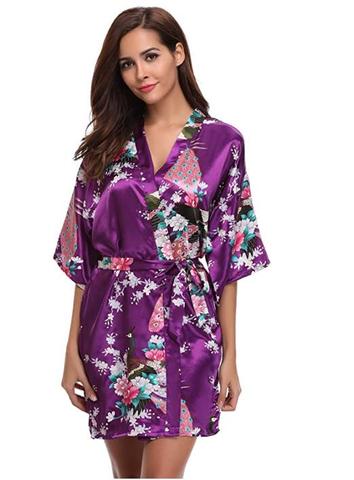 Brand Purple Female Printed Floral Kimono Dress Gown Chinese Style Silk Satin Robe Nightgown Flower S M L XL XXL XXXL ► Photo 1/6