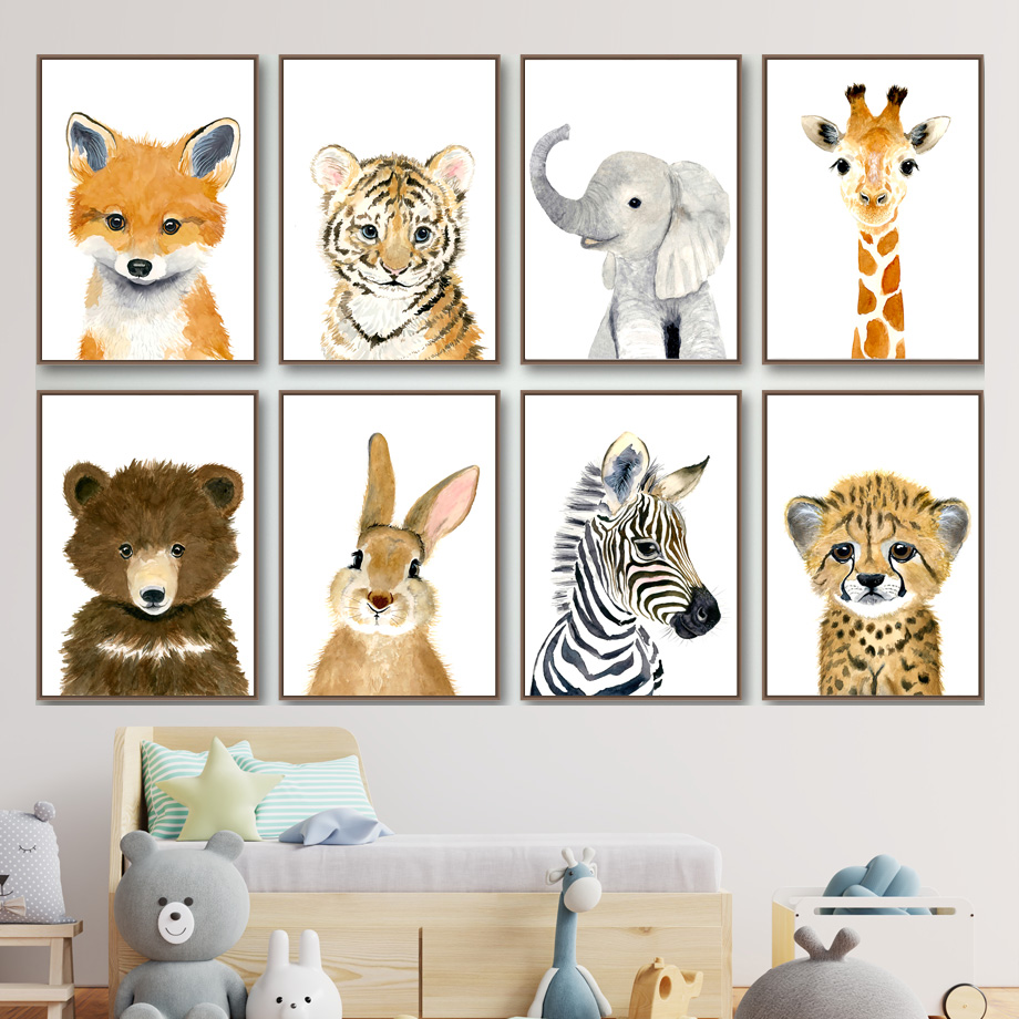 Animal Fox deer zebra Bear Cartoon Canvas Painting Kids Picture Bedroom Decor 