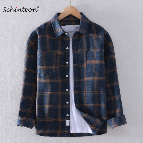 Schinteon Men Autumn Sanding Plaid Shirt Long Sleeves Casual Winter Bottoming Shirt Turn-down Collar Top Quality Fashion ► Photo 1/6