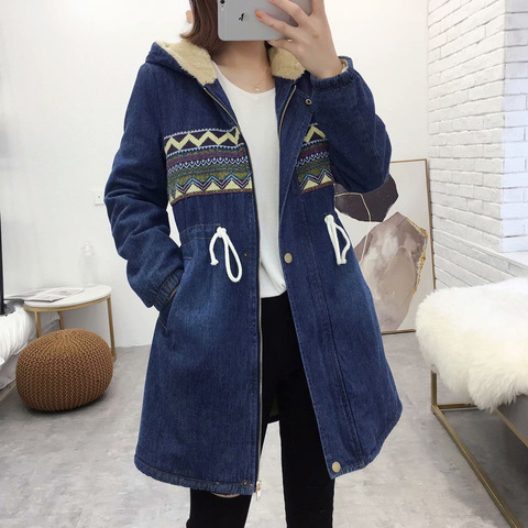 New Women's Denim Jacket Winter 2022 Printing Warm Thicken Plus Velvet Cotton Padded Coat Loose Hooded Long Outerwear Female ► Photo 1/6