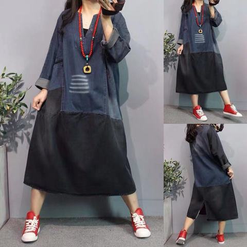 Maxi  jean Dress Women Patchwork Baggy Denim Dress Plus Size Casual Vintage All-match V-neck long-sleeve Loose cowboy Vestido ► Photo 1/5