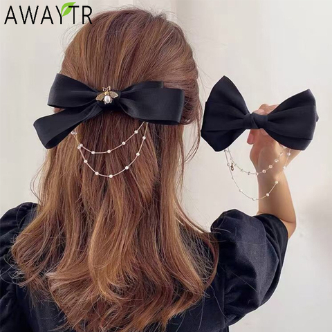 AWAYTR New Bow Pearls Chain Barrettes Hairpins For Women Rhinestone Spring Hair Clips Ribbon Headband Ponytail Hair Accessories ► Photo 1/6