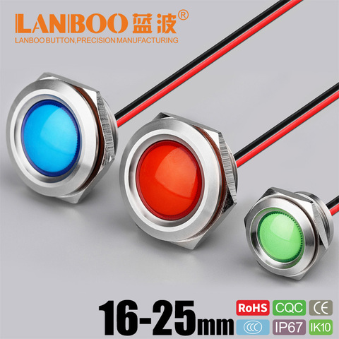 LANBOO 16mm 19mm 22mm Metal indicator lamp waterproof IP65 red green blue yellow single LED with 12V 24V 220V ► Photo 1/6
