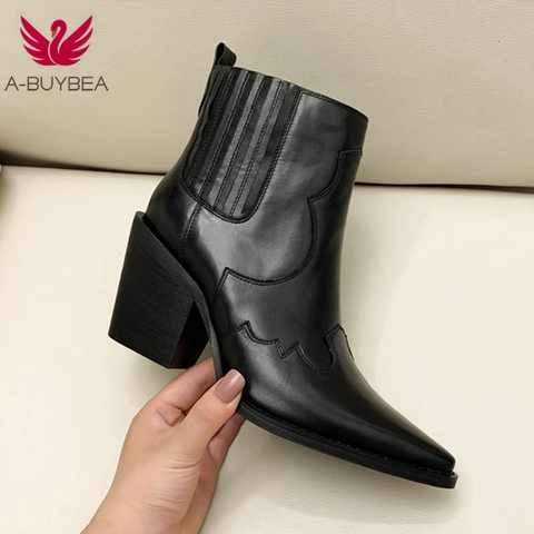 Leather Boots Women Genuine Pointed Toe Mid Heel Ankle Boots Thick Square Heel Slip On Western Boots Cowboy Boots Women 2022 New ► Photo 1/6