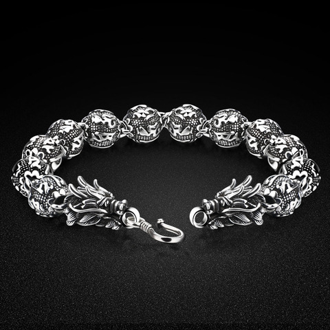 Vintage Men's 925 Thai Silver Bracelet-Chinese Dragon Bead Chain-Sterling Silver Bracelet 19-24cm Length-Christmas Gifts-bijoux ► Photo 1/6