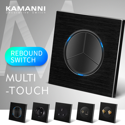 KAMANNI Luxury Metal Black Wall Switch With LED Power Push Reset Switches Light Switch 2 Gang 2 Way 16A 220V New Click On / Off ► Photo 1/6