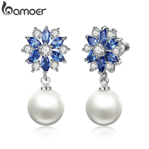 BAMOER Silver Color Blue Crystals Simulated Pearl Dangle Earrings Drop Earrings for Women Earrings Engagement Jewelry JIE069 ► Photo 1/6
