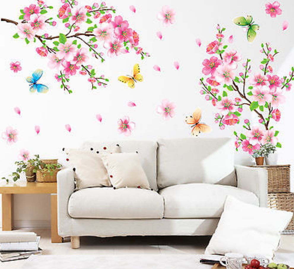 Room Peach Blossom Flower Butterfly Wall Stickers Vinyl Art Decals Decor Mural 