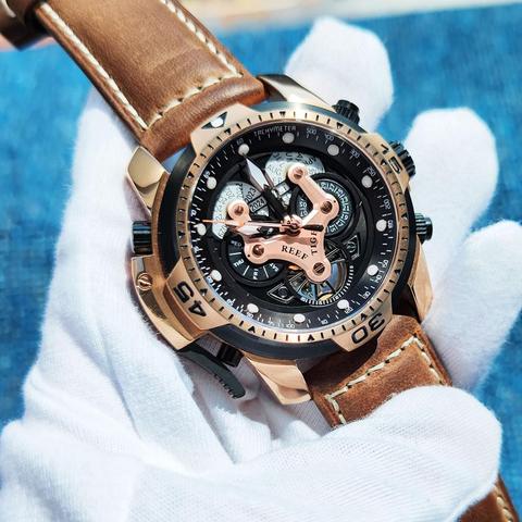 Reef Tiger/RT Brand Military Watches for Men Rose Gold Blue Dial Brown Leather Strap Automatic Watches Relogio Masculino RGA3503 ► Photo 1/6