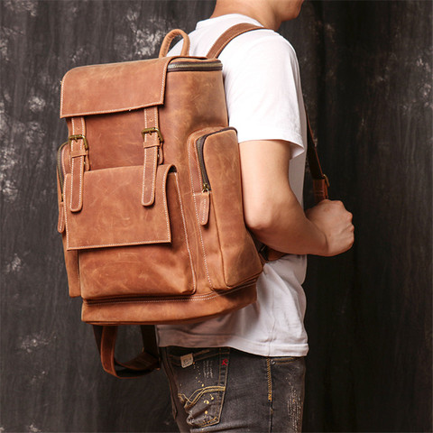 Thick Brown Genuine Crazy Horse Leather 14'' 15.6'' Laptop Women Men Backpacks Travel Bag Highend Large Capacity Vintage M1043 ► Photo 1/5