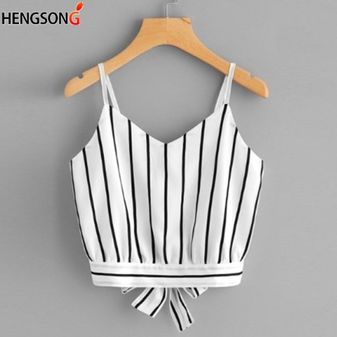 2022 Summer Knot Striped Split Tie Back Crop Cami Top Women Casual Spaghetti Strap Bow Top Vest Beach Vest Camisole ► Photo 1/6