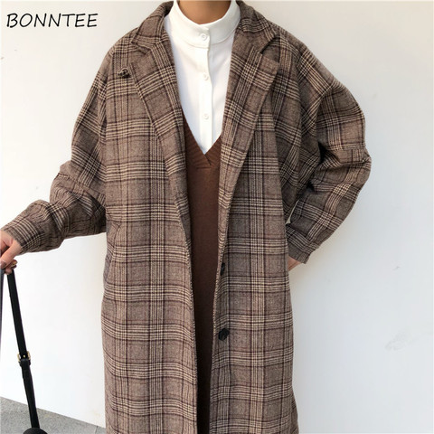 Blends Women Plaid Long Coat Pockets Single Breasted Simple Elegant Loose Ladies Streetwear All-match Womens Woolen Outwear Chic ► Photo 1/6