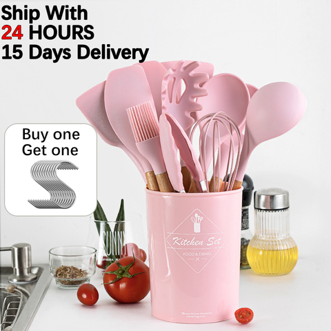 Pink Cooking Kitchenware Tool Silicone Utensils Set With Wooden Multifunction Handle Non-Stick Spatula Ladle Egg Beaters Shovel ► Photo 1/6