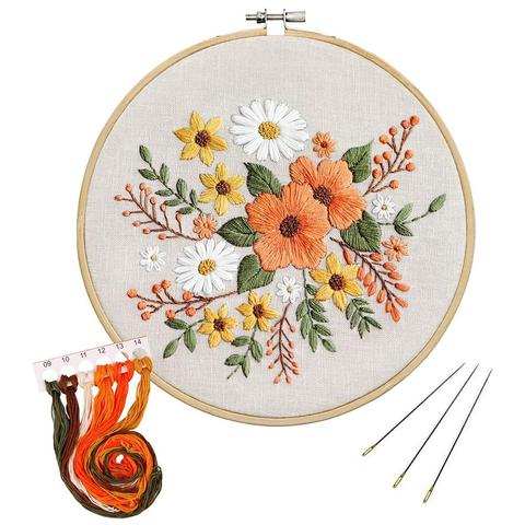 DIY Stamped Embroidery Kit European Style Flowers Plants pattern with Embroidery Hoop Floss Threads Needles for Beginners ► Photo 1/6