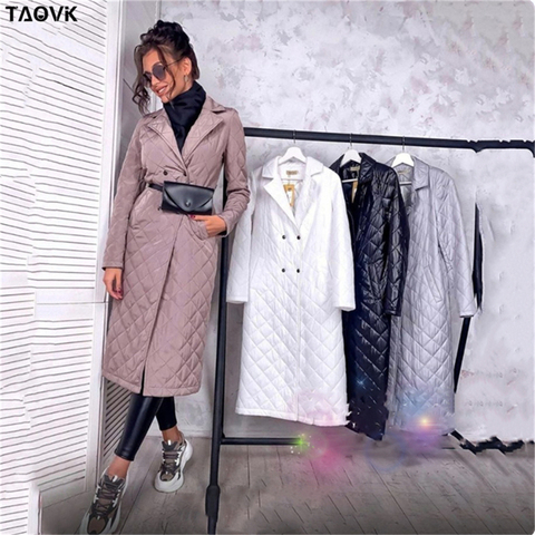 TAOVK Long straight winter coat with rhombus pattern Casual sashes women parkas Deep pockets tailored collar stylish outerwear ► Photo 1/6