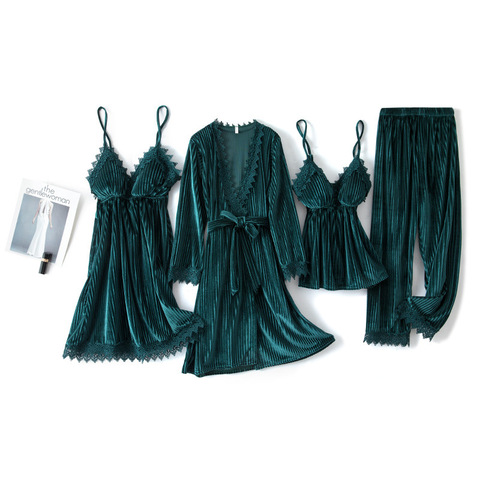 Green Velvet 4PCS Pajamas Suit Intimate Lingerie Women Casual Sleep Set Homewear 2022 Autumn New Sleepwear Home Clothing ► Photo 1/5