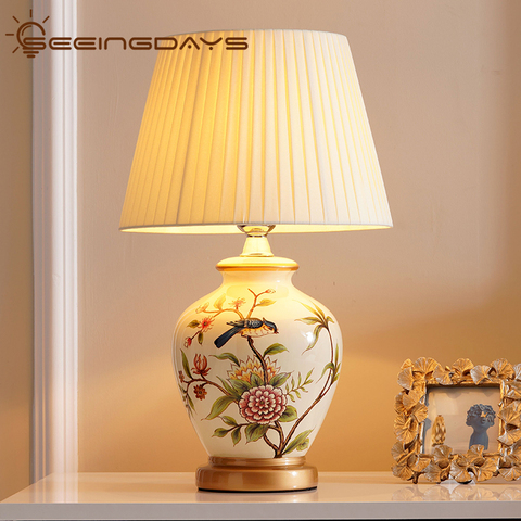 Free Shipping American Retro New Chinese Bird and Flower Ceramic Table Lamp Bedroom Bedside Lamp Living Room Bedside Lamp ► Photo 1/6