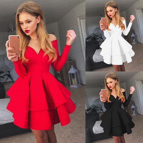 BKLD Autumn 2022 Women Solid Long Sleeve Sexy Clubwear V-neck Off Shoulder Evening Party Dress Red Dresses For Woman Plus Size ► Photo 1/4