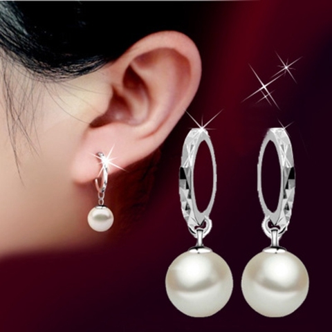 2022 Solid  Silver Color Elegant Beauty Round White Pearl Stud Earrings Women Engagement Jewelry Brincos Mother's Day Gift ► Photo 1/6