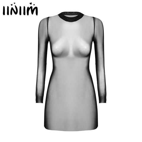 Womens Ladies Sexy Mesh Sheer Clubwear Mini Dress Bodycon Hollow Out See Through Sexy Dress Long Sleeve Party Costumes Cover Up ► Photo 1/6