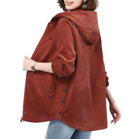 Mid-Length Windbreaker Women 2022 Spring And Autumn New Corduroy Jacket Thin Hooded Large Size 4XL Loose Casual Coat  Female A33 ► Photo 1/6