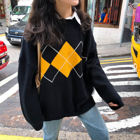 Korean College Style Autumn Winter Geometric Pattern Argyle Pullovers Loose Oversized O-Neck Knitted Sweaters Woman Jumper Mujer ► Photo 1/6