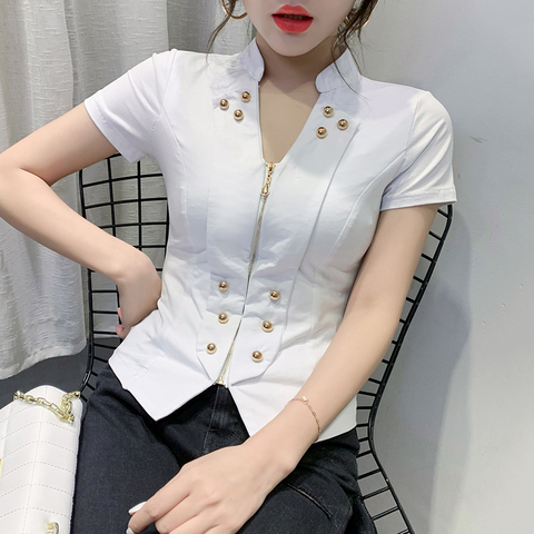 Summer Korean Clothes T-shirt Vintage Zipper Women Tops Ropa Mujer Shirt Short Sleeve Button Tees 2022 New Black White T04906 ► Photo 1/6