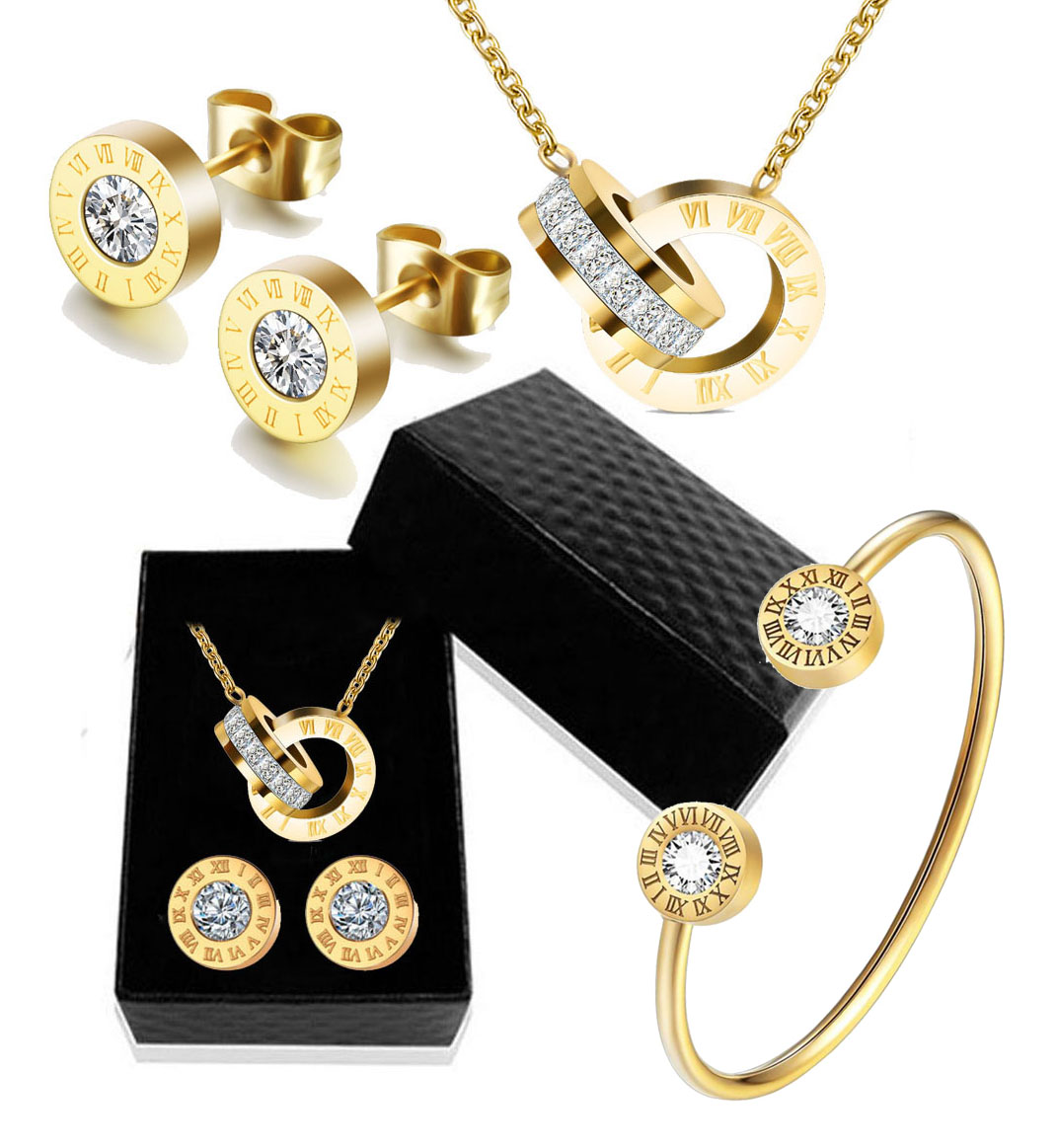 Chic Stainless Steel Golden Pendant Necklace Earrings Jewelry Set Wedding Gift