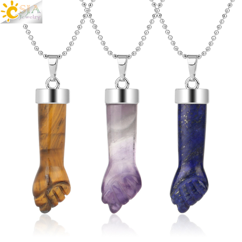 CSJA New Design Natural Stone Pendants Necklaces Carved Fist Arm Purple Crystal Quartz Tiger Eye Lapis Reiki Jewelry Women G291 ► Photo 1/6