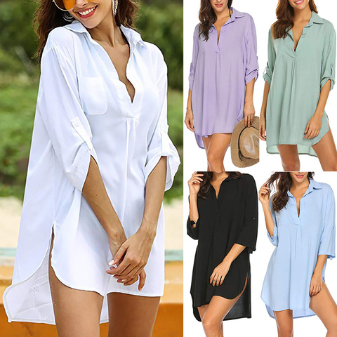 New Fashion Women Swimsuit Cover Ups Shirts, Ladies Bathing Suit Cover Ups Mini Dress Bikini Beach Tunic Tops ► Photo 1/6