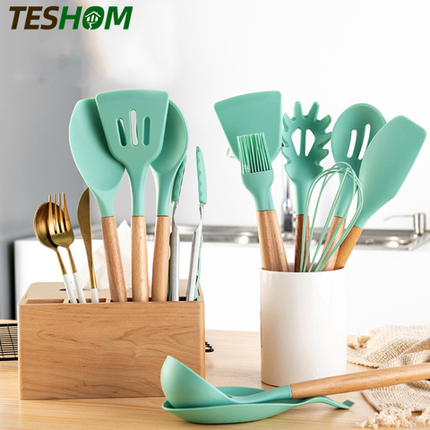 1PC Green Color Premium Silicone Cooking Tools Kitchen Utensils Set Wooden Handle Turner Tongs Spatula Soup Spoon Shovel Tray ► Photo 1/6