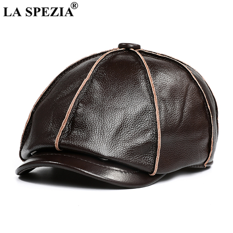 LA SPEZIA Genuine Leather Newsboy Cap Men Real Cowskin Leather Octagonal Hat Autumn Winter HIgh Quality Hats for Men Accessories ► Photo 1/6