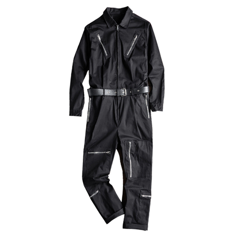 Men's long sleeve zippers pockets cargo jumpsuits with belt Casual trendy pants set Overalls Gray Black ► Photo 1/6