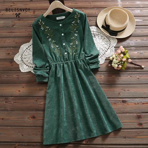 8 Styles Mori Girl Vintage Corduroy Women Shirt Dress Floral Embroidery Elegant Autumn Winter Christmas gift Dresses Midi Dress ► Photo 1/6