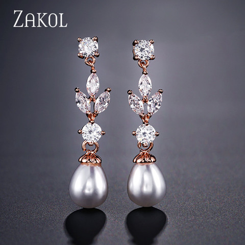 ZAKOL Fashion Marquise Cut Cubic Zircon Dangle Earrings for Women Imitation Pearl Leaf Wedding Jewelry Factory Price FSEP2179 ► Photo 1/6