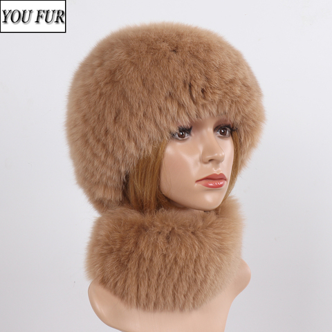 New Winter Real Fox Fur Hat Scarf 2 Pieces Women Warm Natural Fox Fur Cap Scarves Sets Lady Luxury Knit Real Fox Fur Hat Muffler ► Photo 1/6