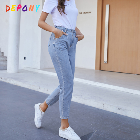 2022 Depony High Waist  Mom Jeans Women Boyfriends Straight Jean Femme 100% Cotton Loose Vintage Denim pants Vaqueros Mujer ► Photo 1/6