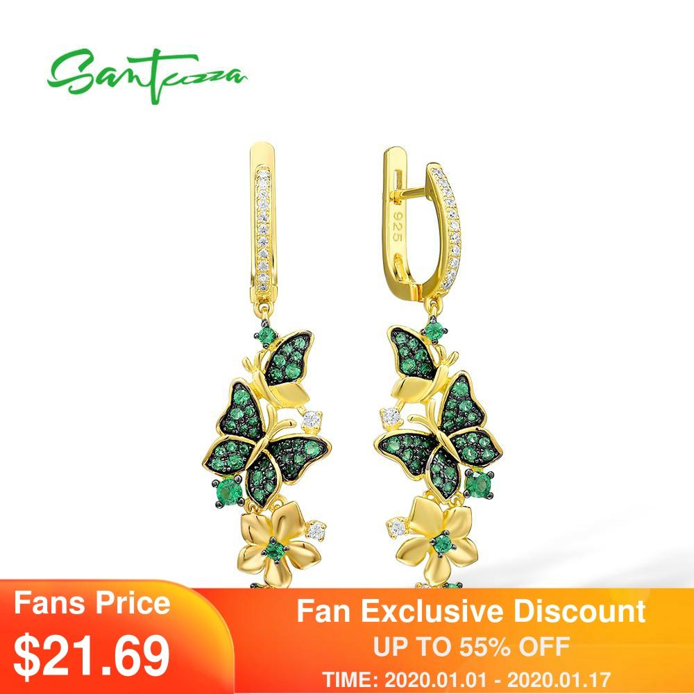 SANTUZZA Silver Earrings For Women 925 Sterling Silver Butterfly Green Spinel White CZ Drop Earrings Gift Party Fine Jewelry ► Photo 1/5