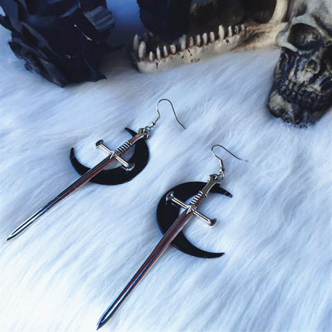 Swords black moon earrings Witchy warrior pagan  gothic medieval silver color Classic warrior gift women 2022 new fashion ► Photo 1/6