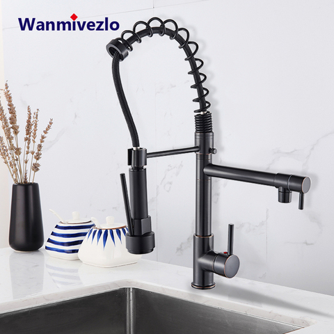 Black Spring Kitchen Faucet Pull out Side Sprayer Dual Spout Tap Deck Mount Kitchen Mixer Tap Kitchen Cold Hot Water tap Crane ► Photo 1/6