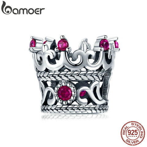 BAMOER Trendy 925 Sterling Silver Queen's Crown Pink CZ Crystal Charm Beads Fit Women Bracelets Bangle DIY Jewelry Making SCC776 ► Photo 1/6