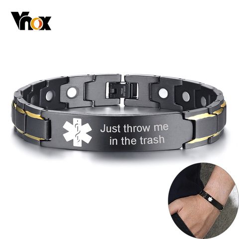 Vnox Just throw me in the trash Men Medical Alert ID Bracelet Black Stainless Steel Magnet Pain Relief Emergency Reminder Bangle ► Photo 1/6